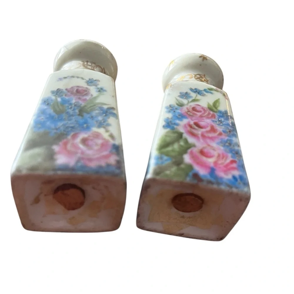 Antique Hand Painted Floral Gold Salt And Pepper Shakers
